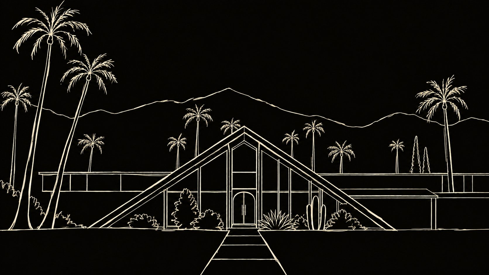 Hand-drawn cream contour illustration of a Swiss Miss house, palms and mountains in Vista Las Palmas
